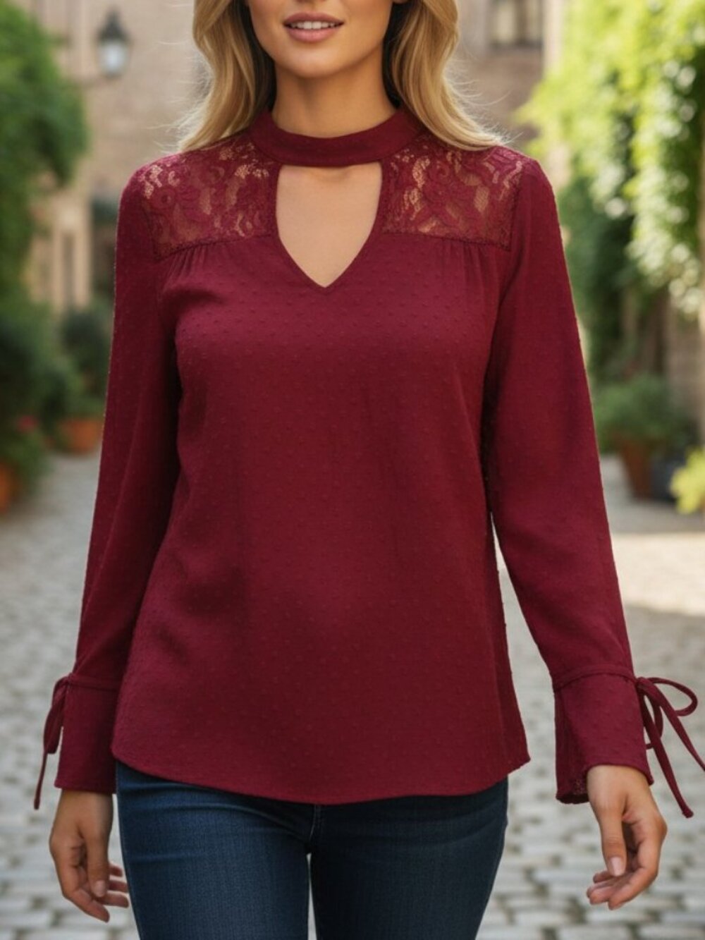 Maurice's Women's S Wine-Red Lace-Detail Long Sleeve Blouse